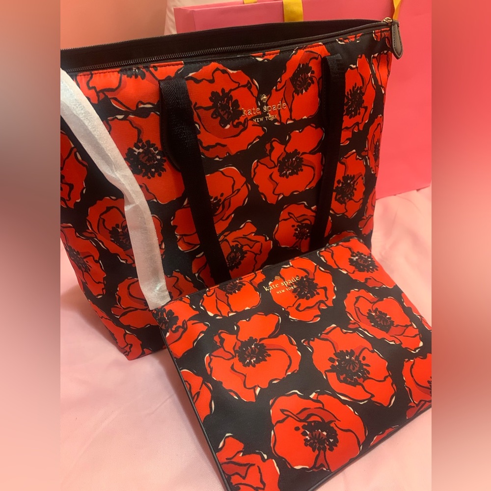 NWT KATE SPADE POPPY TOTE & matching pouch  FLASH